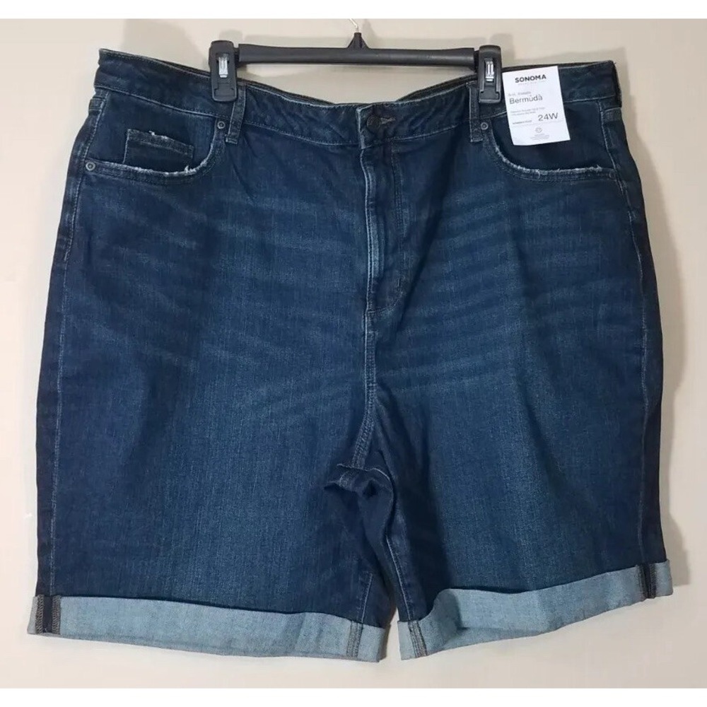 Sonoma Bermuda Shorts Women 24W Stretch Denim Jeans Cuffed Hem Med Wash Blue NEW